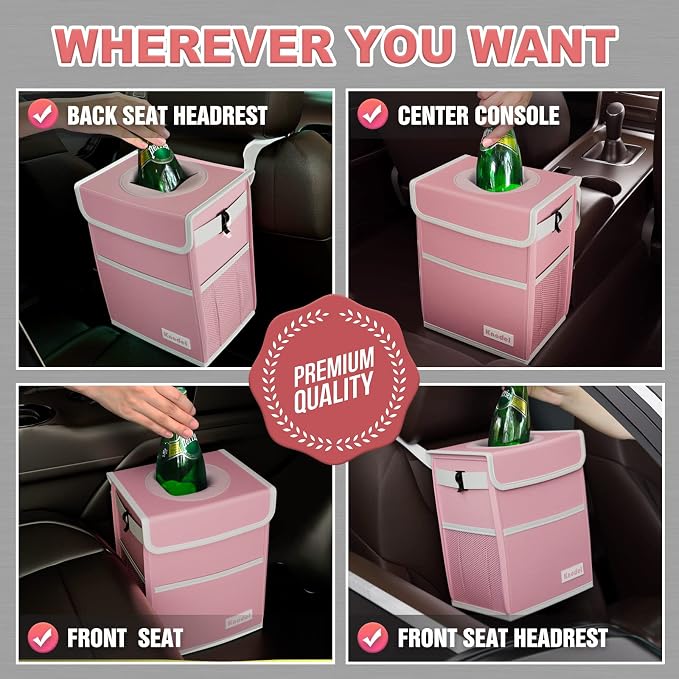 K KNODEL Car Trash Can with Lid, Car Garbage, Bin and Bag (Pink, Medium) | Waterproof Car Garbage Can with Liner, Hanging Trash Bag for Car, Suv, Van, Truck - Image 5