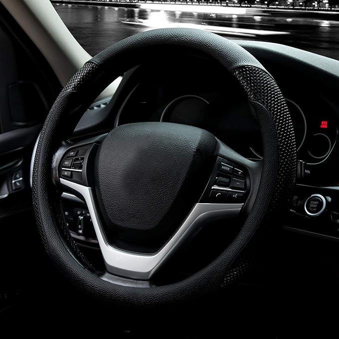 Steering Wheel Cover with Microfiber Leather for Car Truck SUV 15 inch (Black) - Image 2