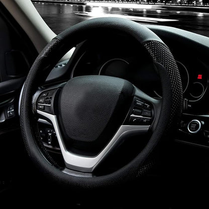 Steering Wheel Cover with Microfiber Leather for Car Truck SUV 15 inch (Black) - Image 2