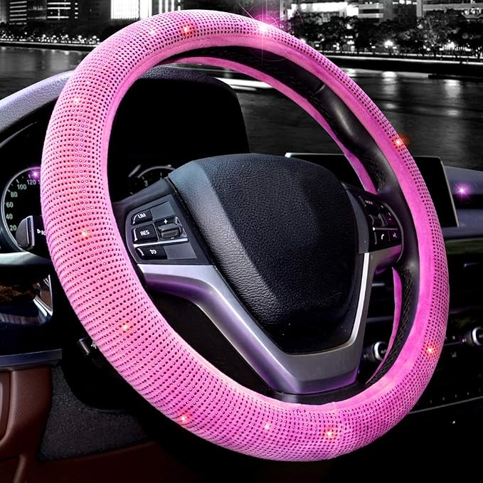Steering Wheel Cover for Women Bling Bling Crystal Diamond Sparkling Car SUV Wheel Protector Universal Fit 15 Inch (Rose,Standard Size(14" 1/2-15" 1/4)) by Valleycomfy