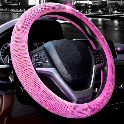 Steering Wheel Cover for Women Bling Bling Crystal Diamond Sparkling Car SUV Wheel Protector Universal Fit 15 Inch (Rose,Standard Size(14" 1/2-15" 1/4)) by Valleycomfy