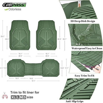 CAR PASS Heavy Duty Rubber Car Mats, Deepdish All Weather Floor Mats for Car Full Set, Universal Automotive Mats Trim to Fit for Sedans SUVs Trucks, Waterproof Anti-Slip Deep Tray 3 Pieces Olive Green - Image 5
