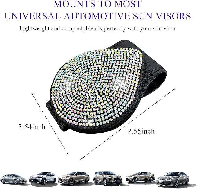 KVAEY Bling Sunglass Holder for Car Visor, Magnetic Leather Visor Clip Glasses Holder with Sparkling Rhinestones, Crystal Visor Ticket Card Clip for Women Girls, Car Accessories (Black & Colorful) - Image 2