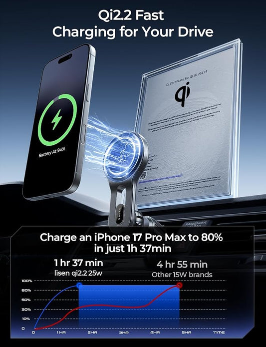 LISEN for Qi2.2 25W MagSafe Car Mount Charger,Car Vent Magnetic Car Charger | Stable & Fast Charging iPhone Car Mount,Qi2.2 Certified 25W Magsafe Car Mount, Car Vent Mount For iPhone 17 16 15 14 13 12 - Image 2