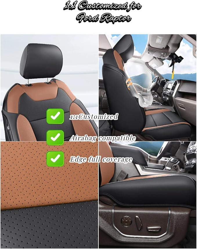 Red Rain Black and Brown Ford Leather Seat Covers Custom Fit for 2019-2020 F150 Raptor Car Seat Cushion Cover 13Pcs (Raptor-Black+Brown-2019/2020) - Image 4