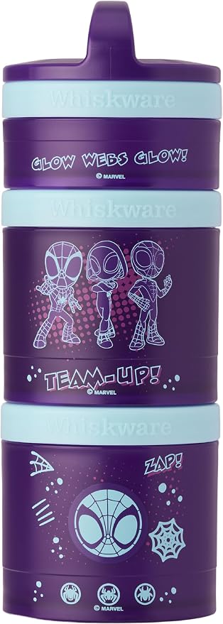 Whiskware Spider-Man Team Spidey Stackable Snack Containers for Babies, Kids, and Toddlers, 3 Stackable Snack Cups for School or Travel, Cupholder Friendly, Glow Webs Glow! by Whiskware