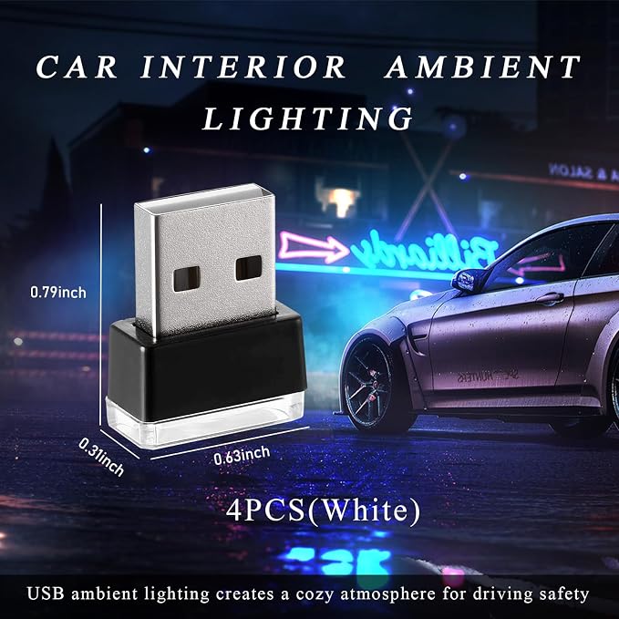Yourkar 4 PCS USB LED Car Interior Atmosphere Lamp, Plug-in USB Interface Trunk Ambient Lighting Kit, Night Led Decoration Mini USB Light, Universal Interior Car Accessories (White) - Image 2