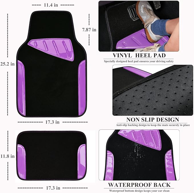 CAR PASS Jelly Waterproof Universal Fit Car Floor Mats, Girly Car Carpet Mats with Anti-Slip Nibbs Backing & Driver Heel Pad Fit for SUV, Vans, sedans, Trucks,Cute car mats of 4pcs for Women (Purple) - Image 2