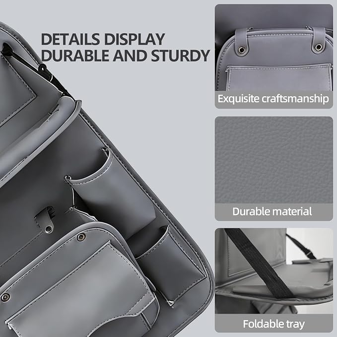 Car Seat Organizer, Multifunctional Backseat Protector Mat, Storage Bag and Tray Rack, Trash Storage (Suitable for Cars, Children, Back of Seats, and Rear Seats) (Gray, Leather 1-Piece Set) - Image 6