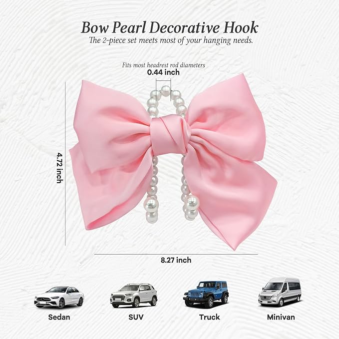 2PCS Satin Bow Pearl Car Seat Headrest Hooks – Car Bag Holder & Vehicle Hanger for Purses – Cute Coquette Aesthetic Interior Decoration – Cute Auto Organizer Accessories Universal (Pink) - Image 3