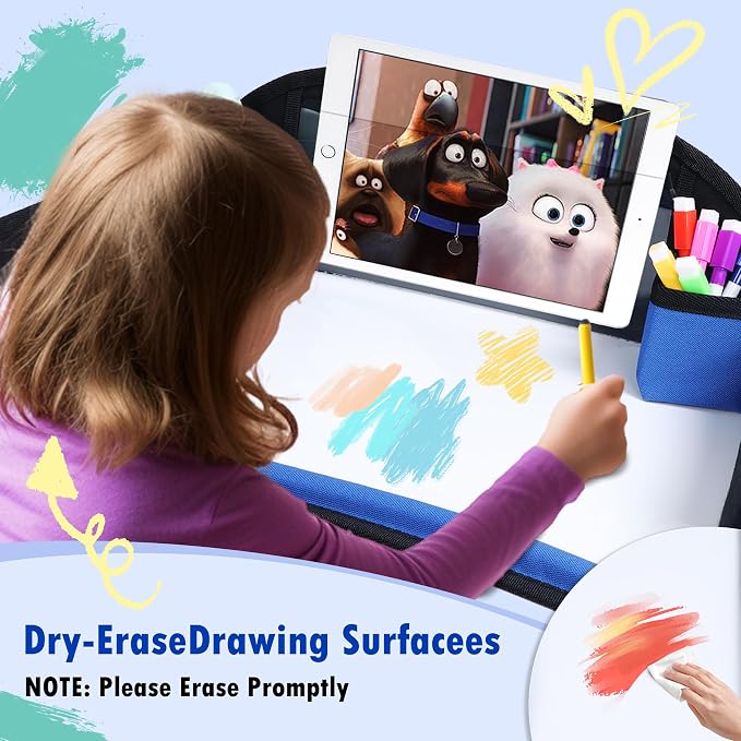 Kids Travel Tray, Toddler Road Trip Essentials With Drawing Kit | Road Trip Essentials Accessories Lap Tray with iPad Holder Stand & Dry Erase Board as Travel Gifts for Kid,2PC - Image 5