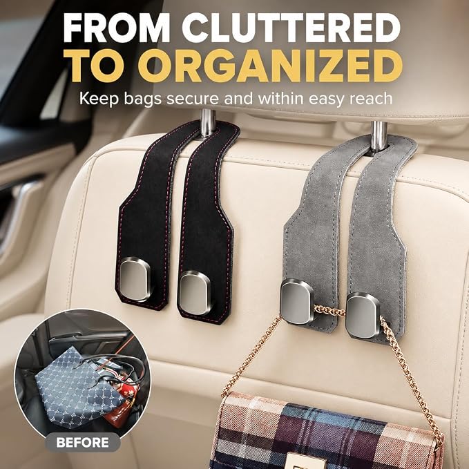 2 Pack Car Headrest Hooks, Dual Metal Hooks, Stylish Gray | Premium leather with dual metal hooks and anti-drop design. Holds purses, bags, coats, and groceries securely. - Image 4