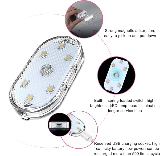 povtii 2 PCS Wireless Led Lights for Car Interior, 7 Colors Magnetic Auto Ambient Light with 6 Bright LED Lamp Beads, USB Rechargeable Vehicle Led Night Light, Car Accessories (Ice Blue) - Image 3