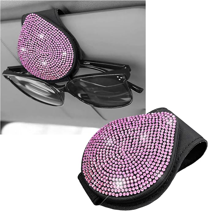 KVAEY Bling Sunglass Holder for Car Visor, Magnetic Leather Visor Clip Glasses Holder with Sparkling Rhinestones, Crystal Visor Ticket Card Clip for Women Girls, Car Accessories (Black & Pink) by KVAEY