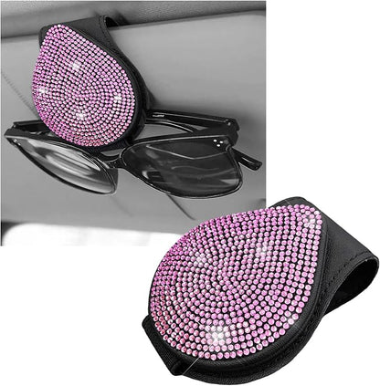 KVAEY Bling Sunglass Holder for Car Visor, Magnetic Leather Visor Clip Glasses Holder with Sparkling Rhinestones, Crystal Visor Ticket Card Clip for Women Girls, Car Accessories (Black & Pink) by KVAEY