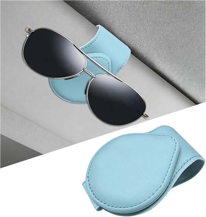 Magnetic Sunglass Holder for Car Visor, Leather Vehicle Sunglass Hanger Clamp Card Holder with Magnet, Universal Eyeglass Clamp Visor Ticket Organizer for Cars Trucks SUVs (Blue) by Pxobiug