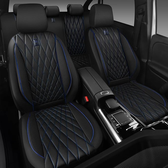 CAR PASS Piping Luxury Leather Seat Covers Full Set,5 Seats Anti-Slip Waterproof Seat Covers Compatible with Front Armrests,Universal Fit for Sendan SUV Van Truck,Airbag Compatible,Black and Blue - Image 7