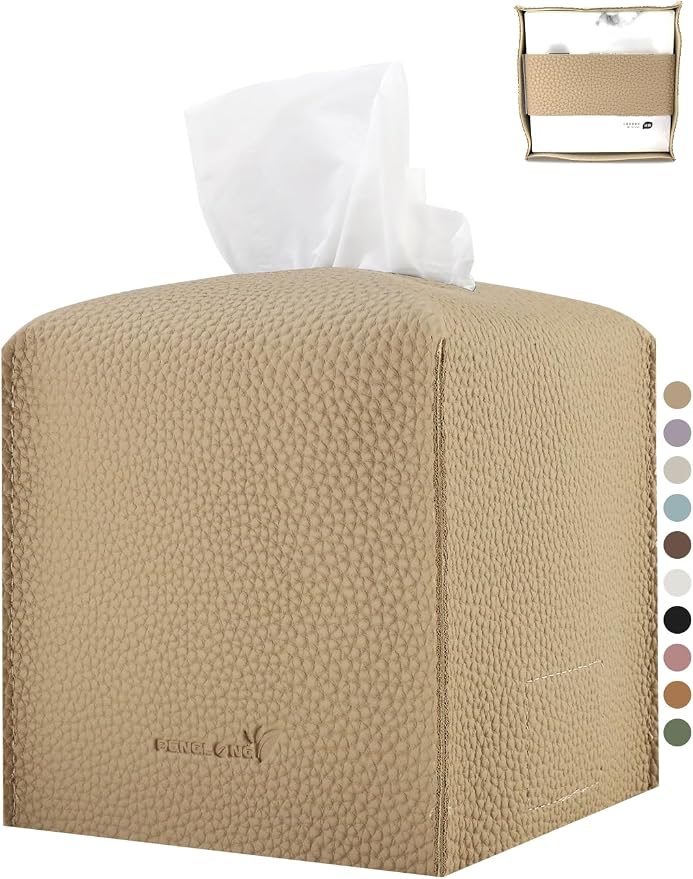 Tissue Box Cover 5X5X5'' PU Leather Tissue Holder Square Tissue Cube Box Organizer for Bathroom Vanity Countertop, Car, Night Stands, Office, Home, Kitchen (1Pack, Wood Apricot) by PENGLONGHOMEDECORATION