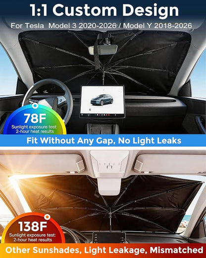 Weektic Windshield Sun Shade Umbrella for Model 3/ Model Y 2018-2026, Double Thickened Ice Crystal Coating, Sun & Heat Protection, Keep Vehicle Cool & Protect Interior - Image 2
