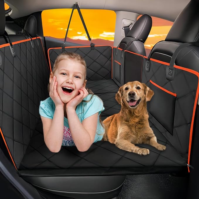 Hard Bottom Dog Car Seat Cover for Back Seat, Backseat Extender | Dog Hammock for for Cars, SUVs, Sedan, Holds 420lbs, Large Space, Sturdy Oxford, Pet Car Bed, Waterproof, Mesh Window, Orange by ROUWINNE