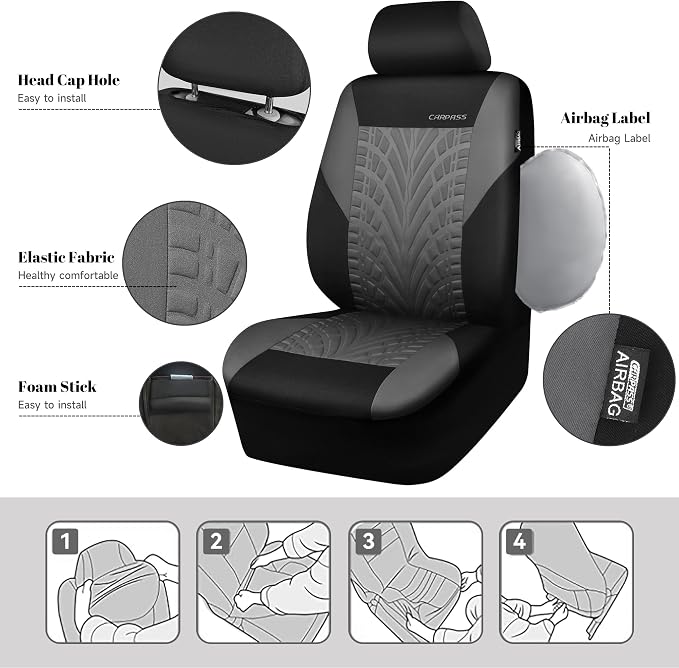 CAR PASS Car Seat Covers Two Front Only for Car, 3D Tyre Print Automotive Interior Covers, Airbag Compatible, Quick Setup Universal Fit Seat Covers for Car, Truck, SUV(Black Gray) - Image 3