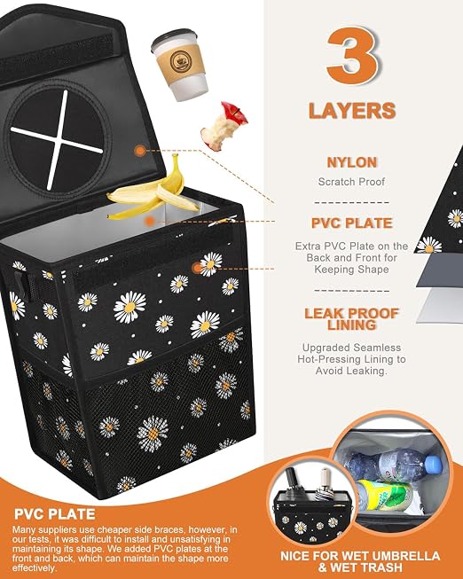 Pritent Car Trash Can with Lid Leakproof Car Garbage Bag Vehicle Trash Bin | Hanging Automotive Garbage Can,Multipurpose Car Accessories for Women Men Interior Car Storage Organizer(2.8 Gal,Black Flower - Image 3