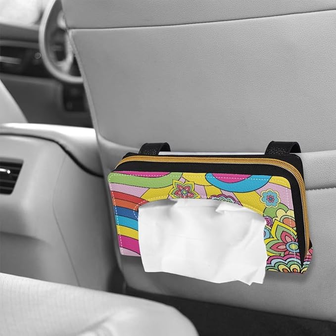 Biyejit 2 Pack Car Tissue Holder, Hippie Flowers Sun Visor Napkin Holder, Car Visor Tissue Holder, PU Leather Backseat Tissue case Holder for car, Vehicle - Image 4