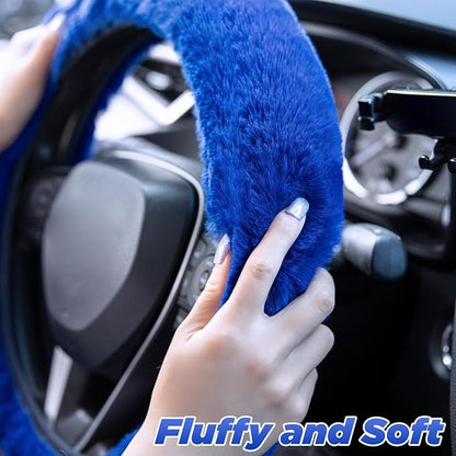 SEG Direct Furry Steering Wheel Cover, Fluffy Fuzzy Gear Shift Cover, Blue | Gear Shift Cover, 2 PCS Set, Soft and Warm, Cute Fur Auto Car Decor, Standard Size 14.5- 15 inch for Women Men - Image 2