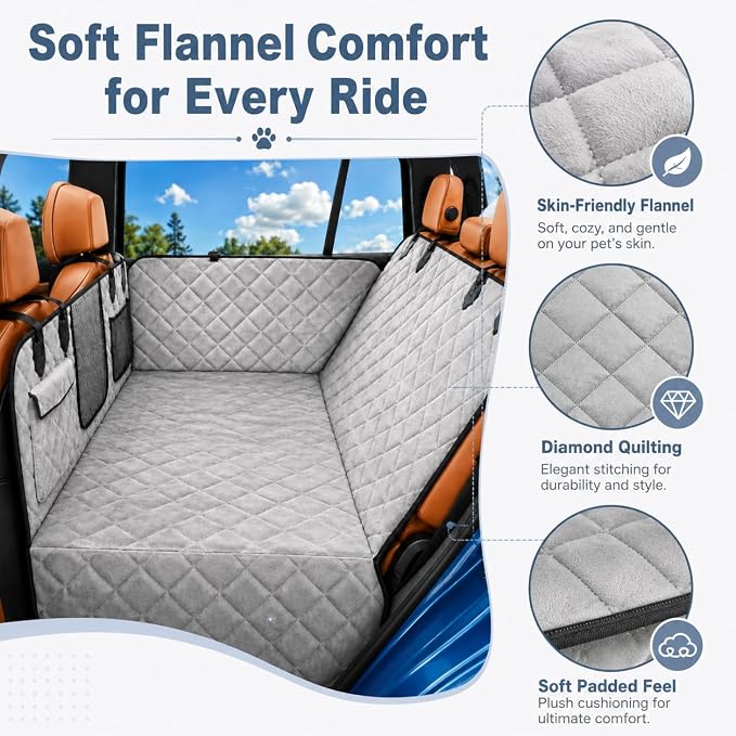 IJVAE Dog Car Seat Cover for Back Seat, Gray Flannel Hard Bottom Back Seat Extender Holds Up to 500 lbs, Waterproof Backing, Nonslip Dog Hammock for Cars, SUVs and Small Trucks - Image 2