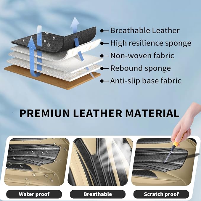 Fit Pathfinder Car Seat Covers Premium Leather for Nissan Pathfinder 2011-2025 2026. Waterproof， Breathable, Scratch-Resistant & All-Weather Seat Cushion Protector（2 Front Seats,Beige&Black - Image 6