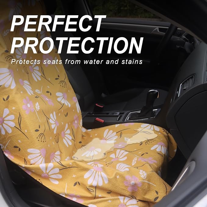 Sweat Towel Car Seat Cover Protector Front Seats for Gym Workout, Running, Swimming, Beach and Hiking, Waterproof Universal Seat Cover for Car, Trucks, Van & SUV (2, Chamomile, Front) - Image 3