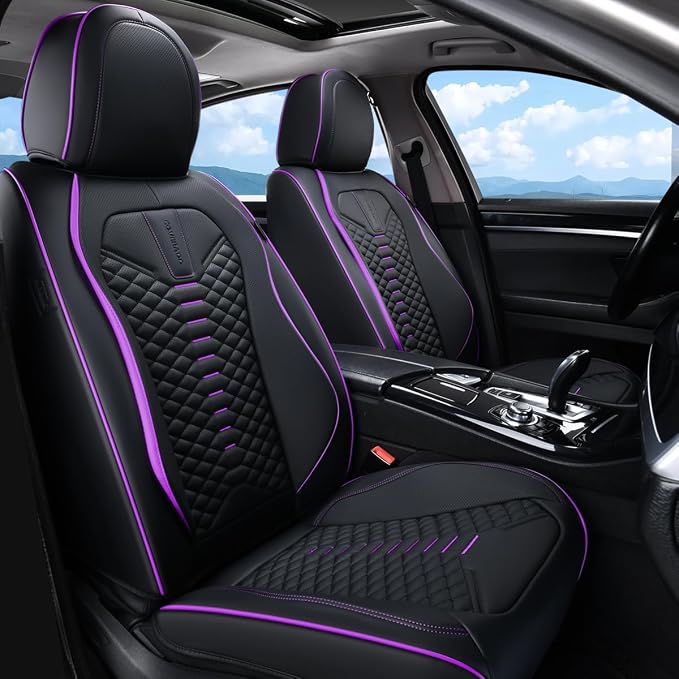 Coverado Car Seat Covers Front Seats, Nappa Leather Black&Purple Car Seat Cover, Automotive Seat Covers, Waterproof Driver Seat Protector, 2 Pack Front Seat Cover Car Seat Cushion Fit for Most Cars by COVERADOAUTO