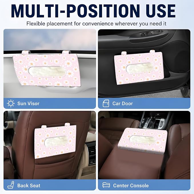 Car Tissue Holder, Cute Sun Visor Napkin Holder Backseat Tissue Case, PU Leather Tissue Box, Funny Car Accessories for Women Men Cute Pink Daisy - Image 5