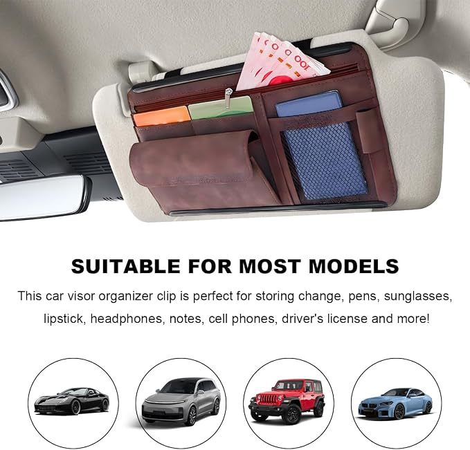 Car Sun Visor Organizer, Leather Sun Visor Pocket Organizer Case with Multi-Pocket Net Zipper, Suede Note Holder Car Visor Storage Pouch for Card Pen Sunglasses Document (Brown) - Image 5