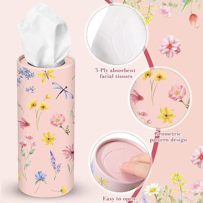 Outus 12 Pcs Floral Car Tissue Holder Cylinders with 3 Ply Facial Tissue Bulk, Portable Paper Dispenser for Cup Holder, Travel Bathroom Table Decor, Tissues Boxes Container for Home Office Party - Image 3