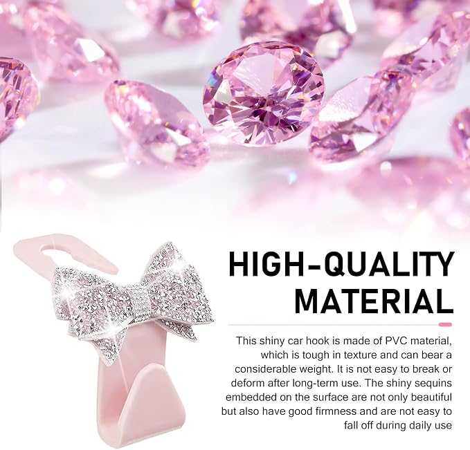 2 PCS Bling Car Seat Headrest Hooks, S Type Crystal Rhinestone Bow Vehicle Seat Back Storage Hooks for Purses Bags Groceries, Universal Diamond Car Rear Seat Organizer (Pink) - Image 4