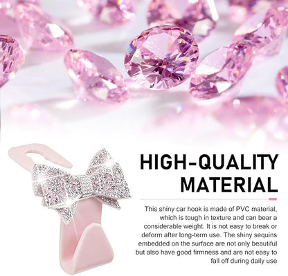 2 PCS Bling Car Seat Headrest Hooks, S Type Crystal Rhinestone Bow Vehicle Seat Back Storage Hooks for Purses Bags Groceries, Universal Diamond Car Rear Seat Organizer (Pink) - Image 4