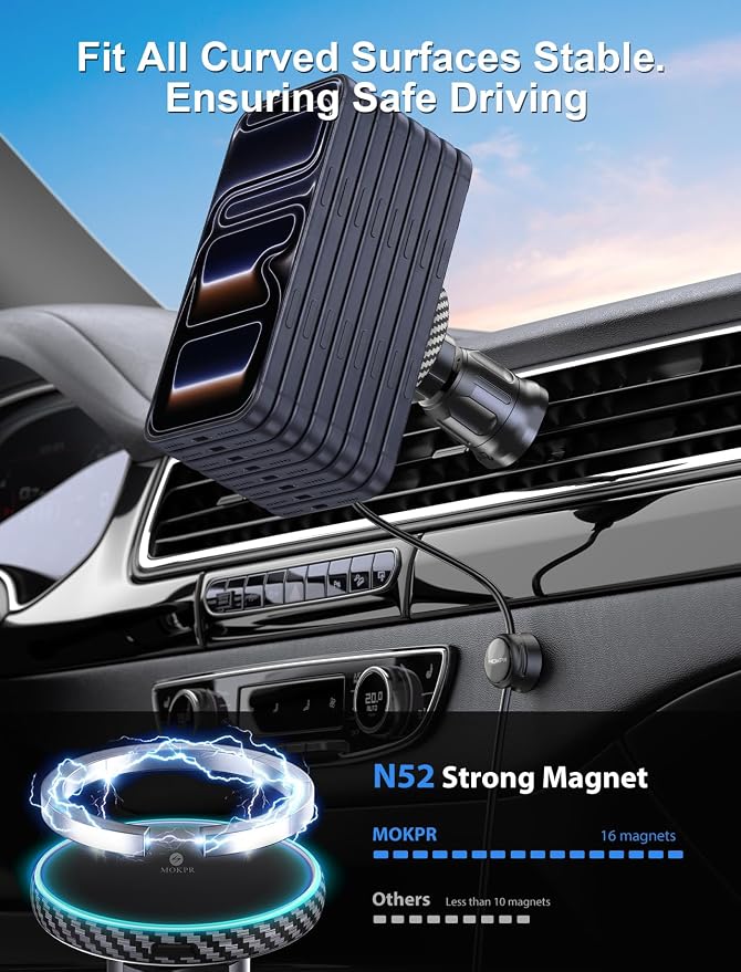 for iPhone Magsafe Car Mount Charger Vent-LED Wireless Car Charger | Magnetic Car Phone Holder HandsFree Car Mount Fast Car Charger for iPhone 17/16/15/14/13/12 Series Carbon Firber - Image 6