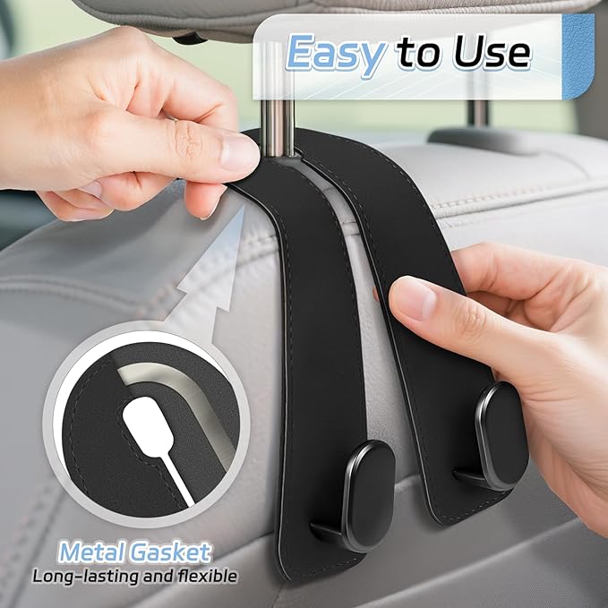 Car Seat Headrest Hooks, 2PCS Universal Car Purse Hook Leather Car Bag Hook | Black Car Bag Purse Holder with Double Metal Hooks for Handbags, Grocery Bags, Bottles, Phones - Image 3