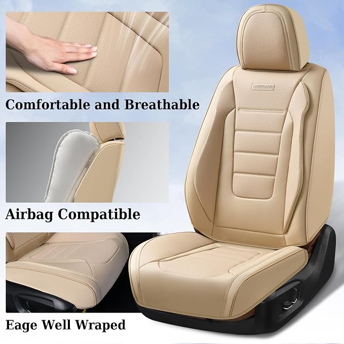 Coverado Front and Back Seat Covers for Cars, Nappa Leather Car Seat Covers, Automotive Seat Covers for Trucks, 5 Seats Waterproof Carseat Protector Car Seat Cover Beige, Universal Fit for Most Cars - Image 4