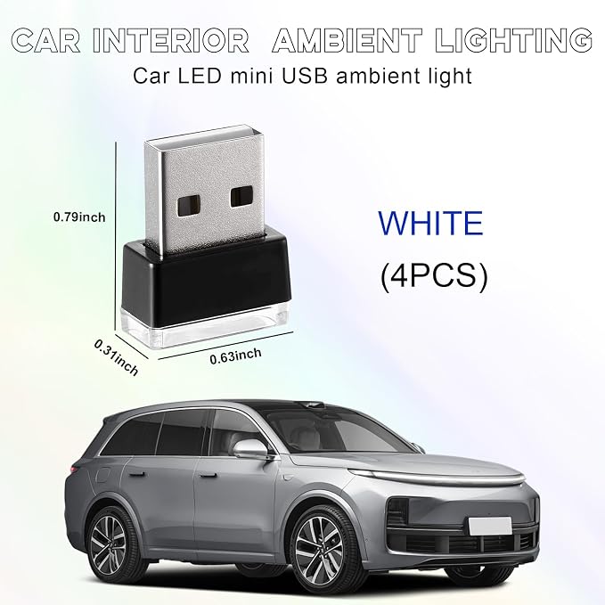 4 PCS USB LED Car Interior Atmosphere Lamp, Portable Mini LED Night Light, Plug-in USB Interface Trunk Ambient Lighting Kit, Universal Interior Car Accessories (White) - Image 2