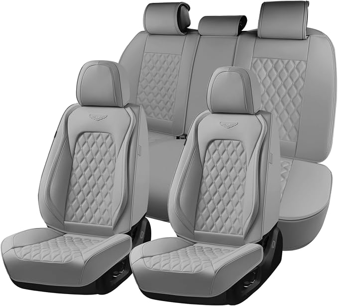 Coverado Full Set Car Seat Covers, Luxury Faux Leather Waterproof Seat Covers, Gray Car Seat Protectors, Universal Fit, Leather Seat Cushions for Cars-Gray by COVERADOAUTO