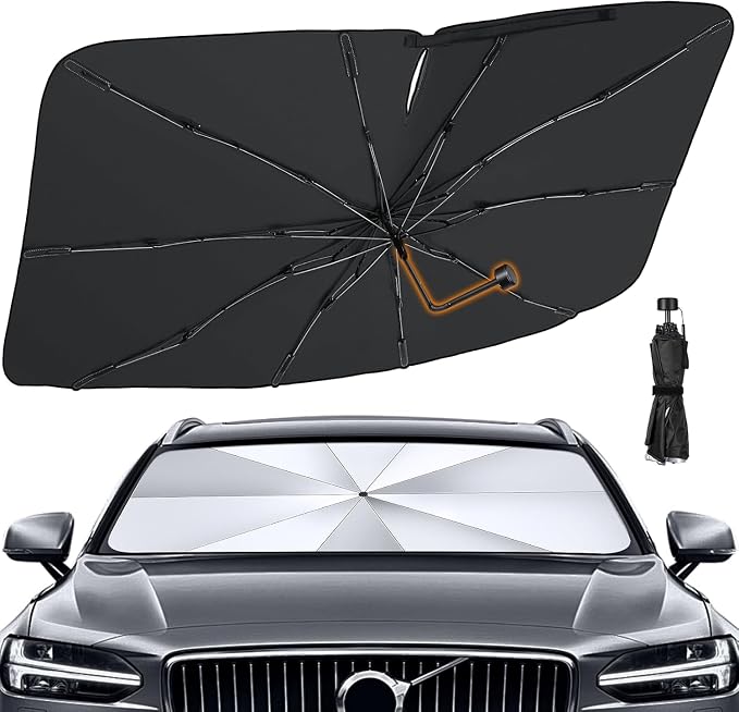 Pleneal Windshield Sun Shade Umbrella, 55" x 31" Foldable Car Sun Shade | 55" x 31", Titanium Silver Reflective Material, Bendable Shaft, High Tenacity Ribs, One-piece Opening Design, Storage Bag by Pleneal