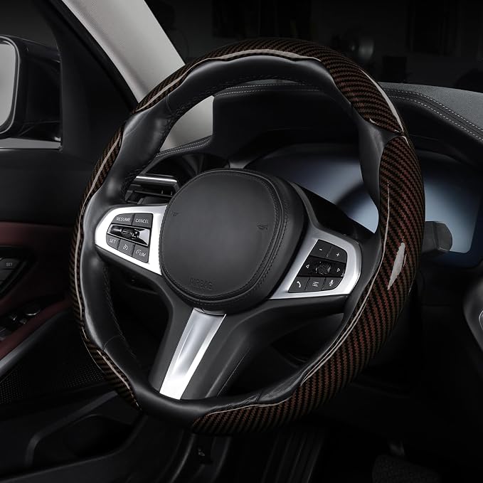Carbon Fiber Steering Wheel Cover Universal 3pcs Protector Glossy Brown - Image 3