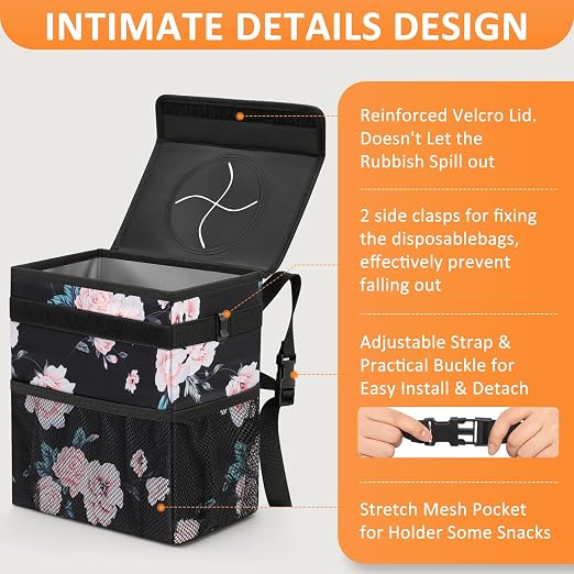 Vankor Car Trash Can with Lid Leak Proof Car Accessories for Women | 3 Gallon Cute Hanging Car Trash Bin for Men Car Truck Vehicle Sedan Interior Automotive Garbage Cans, Black Floral - Image 4