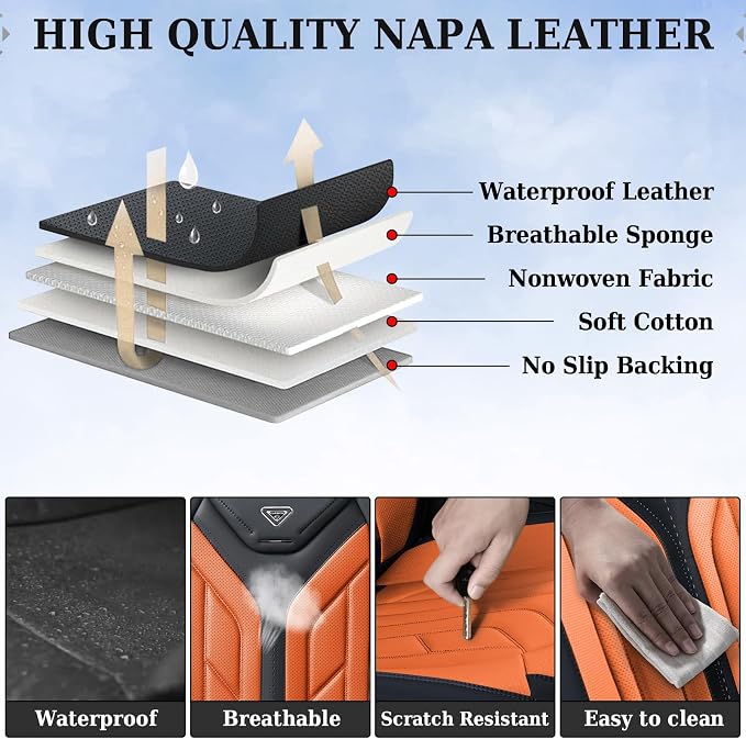 Coverado Seat Covers, Car Seat Covers Front Seats, Leather Seat Covers for Cars, Waterproof Automotive Seat Covers Car Seat Protector Car Seat Cushion Universal Fit for Most Cars Trucks(Black&Orange) - Image 6