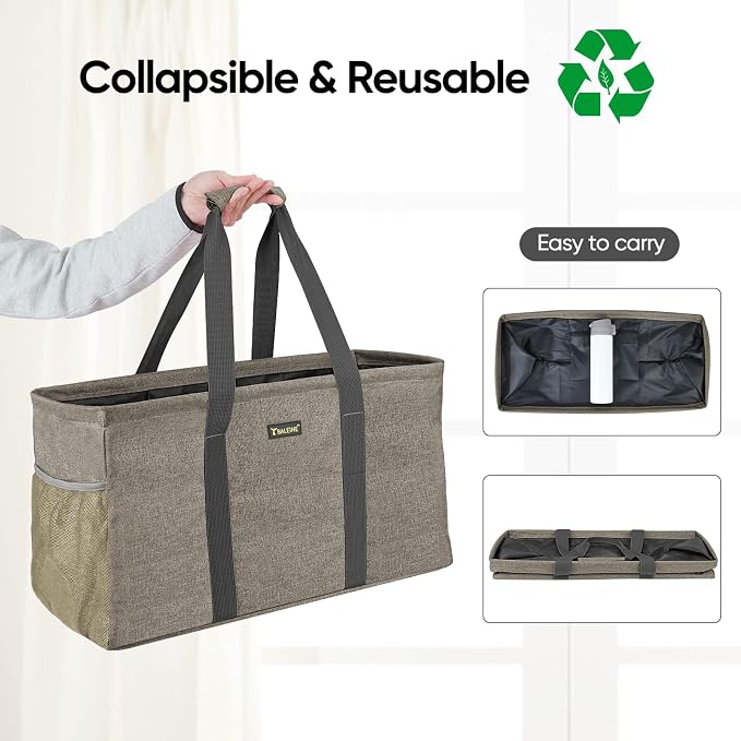 BALEINE Extra Large Utility Tote Bag with Reinforced Wire Frame, Reusable Grocery Bag for Shopping, Picnic (Beige, 22''x12''x10'') - Image 2