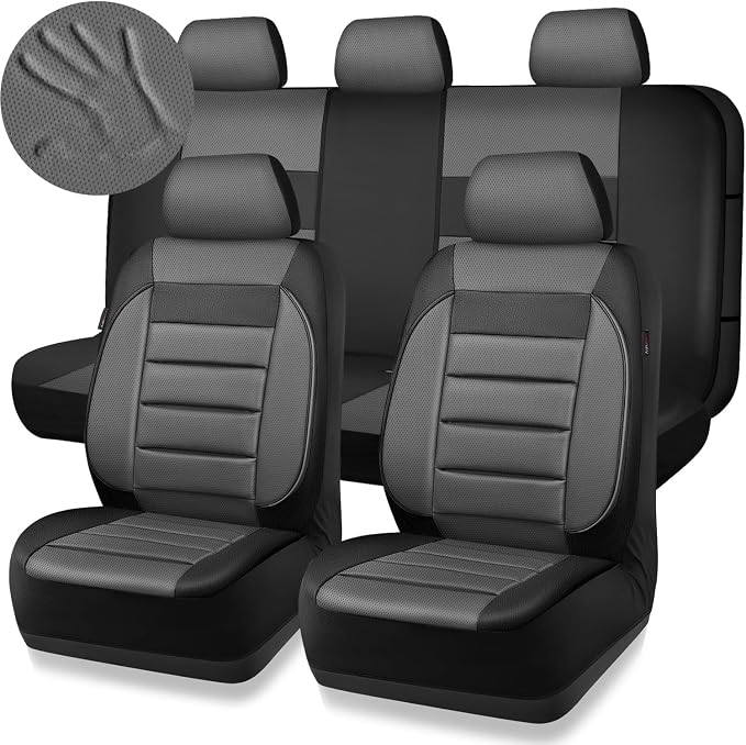 CAR PASS Leather Seat Covers Full Set Universal Water Resistant 3D Foam Back Support, Luxury Comfort Automotive 5 Seat Covers All Season Fit for SUV,Sedan,Van, Airbag Compatible Elegance(Gray Black) - Image 8