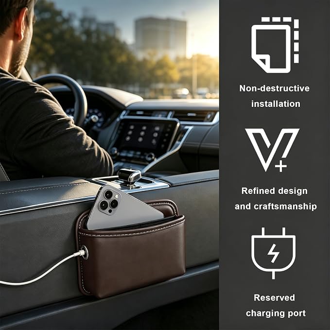 Car Seat Side Storage Pocket, Waterproof Leather Console Side Storage Bag with Card Holder, Multifunctional Phone & Sunglasses Pocket Bag for Car Door Seat Console (Brown) - Image 5