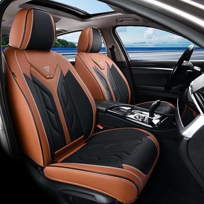 Coverado Seat Covers, Car Seat Covers Full Set, Leather Seat Covers for Cars, Automotive Seat Covers Car Seat Protector Car Accessories Fit for Most Sedans SUV Pick-up Truck(Black&Brown) - Image 2